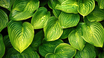 Obraz premium Vibrant green leaves with dew droplets in a lush garden setting