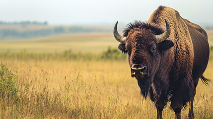 Majestic bison standing in golden grass on vast prairie