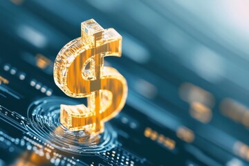 Golden Dollar Symbol On Digital Circuit Background.