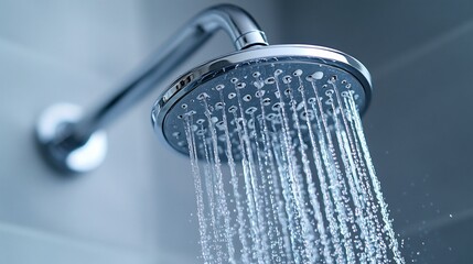Chrome showerhead, water spraying, bathroom, tiled wall, hygiene