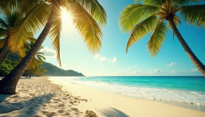 Obraz premium Sun-drenched beach, vintage film grain, palm trees sway, coast, landscape, background