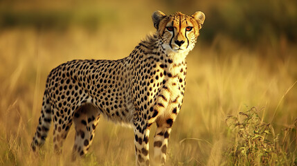 Fototapeta premium Cheetah standing tall in golden grass, looking alert and majestic