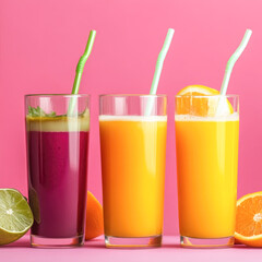 Fototapeta premium Variety of fresh juices in glasses with colorful straws on pink background