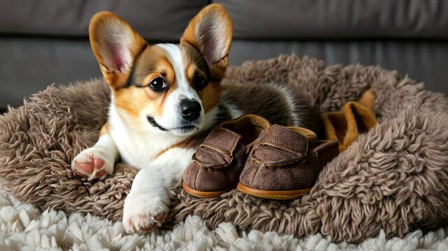 Corgi puppy relaxes on a fluffy bed while tiny brown shoes sit nearby, creating a charming atmosphere in a home setting