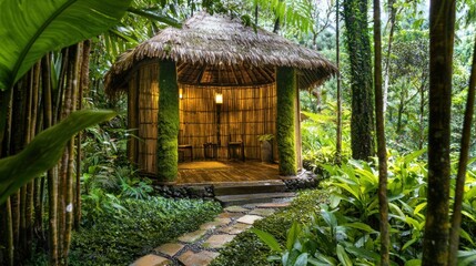 Bamboo hut nestled in lush tropical rainforest.