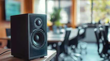High-fidelity speaker showcase in modern office environment stock photo collection professional setup clear sound quality