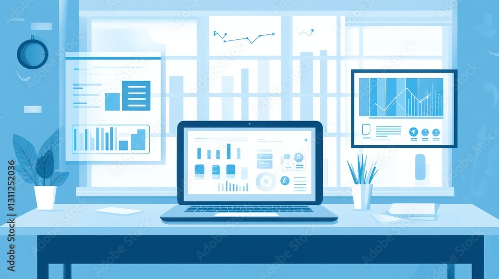 Poster modern office workspace with laptop and data visualizations