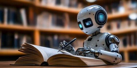 Fototapeta premium robot writing in book for large language model and artificial intelligence chatbot concept