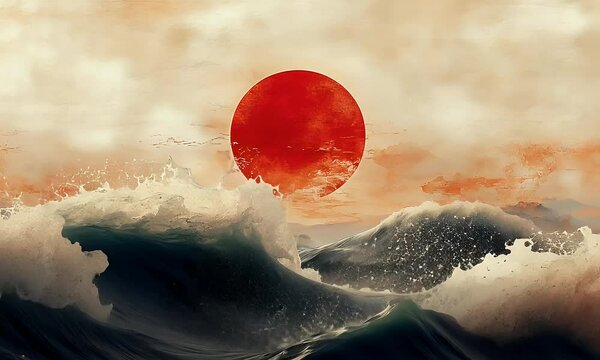 Red sun sets over dark ocean waves in artistic watercolor painting style.