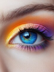 Obraz premium Vibrant female eye makeup featuring colorful shadows and dramatic false eyelashes against a subtle background