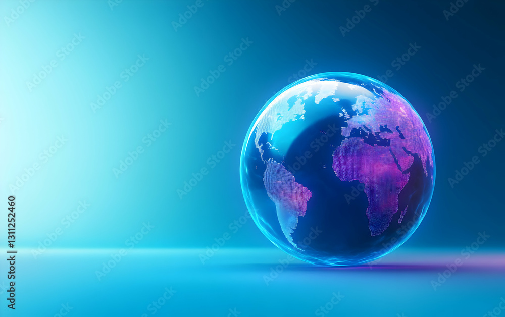 Poster a vibrant globe representation showcasing earth's continents with a futuristic design under soft ill