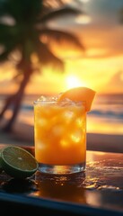 mango artisan cocktail in a glass on the beach