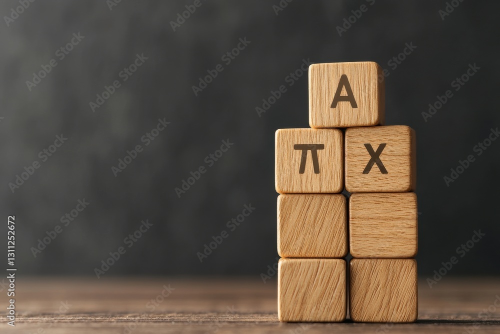 Poster wooden alphabet and numeric blocks arranged in a thoughtful strategic pattern on a plain background 