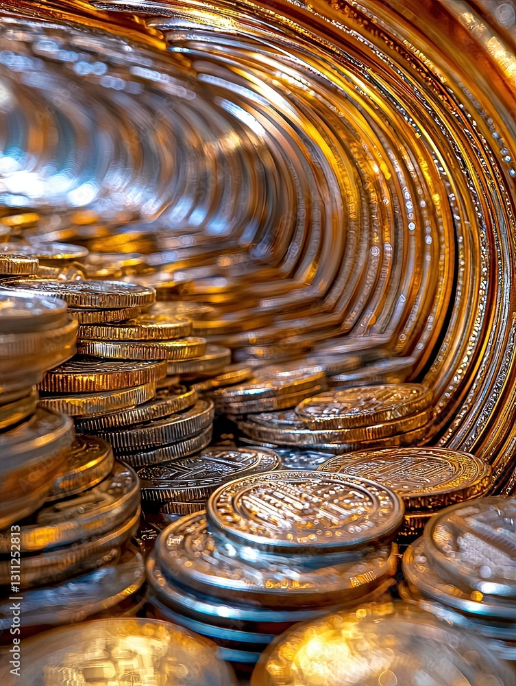 Poster glimmering silver coins in a spiral pattern creating a unique view