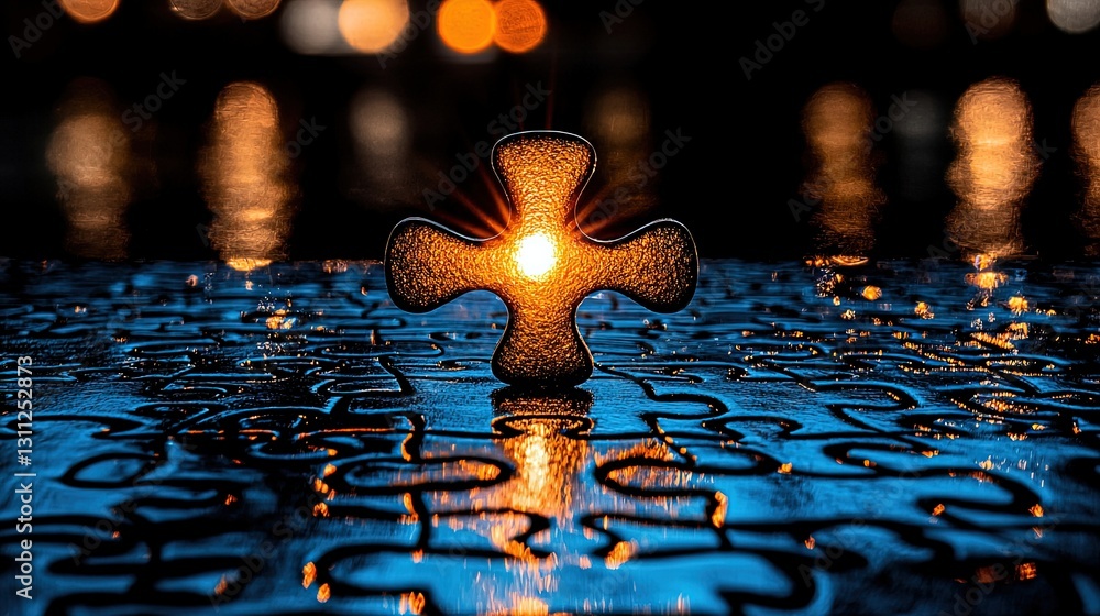 Aufkleber illuminated puzzle piece cross on reflective surface with bokeh lights