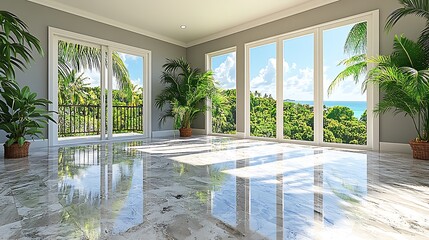 Modern Living Room Interior with Panoramic Window View – Luxury Home Design Featuring Contemporary Furniture, Natural Light, and Scenic Outdoor Landscape

