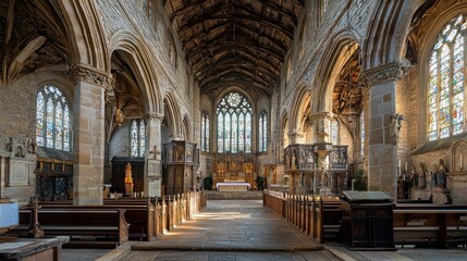 Fototapeta premium Sunlit interior of a historic stone church, showcasing its architecture, stained glass, and wooden pews.
