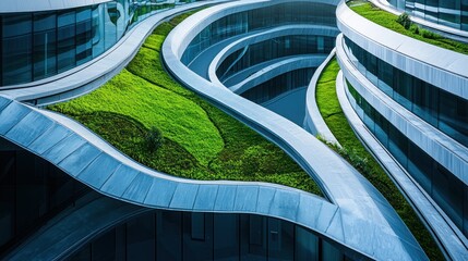 Modern building with green roof, curved architecture.