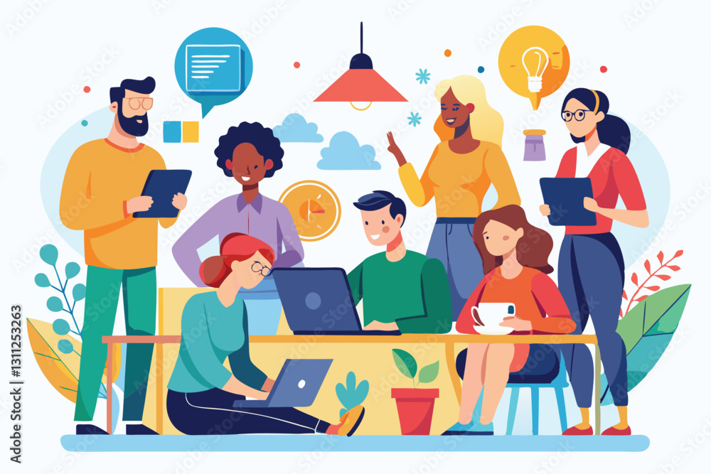 Poster a diverse group of professionals collaborates using laptops and tablets while exchanging ideas in an