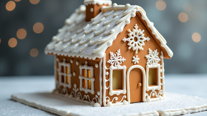 gingerbread house covered icing delicate snowflake designs adorn festive