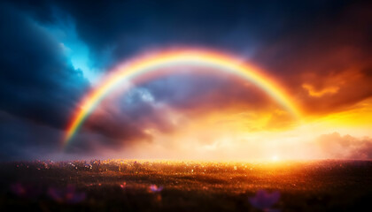 Fototapeta premium A vibrant rainbow arcs over a stunning landscape, creating a breathtaking scene at dusk with colorful clouds and a serene horizon.