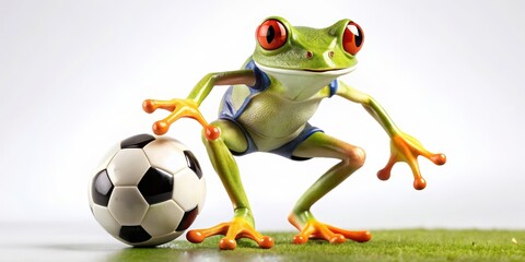 Obraz premium Image of a cool frog wearing shoes playing soccer, frog, shoes, soccer, animal, sport, green, football, fun, cute