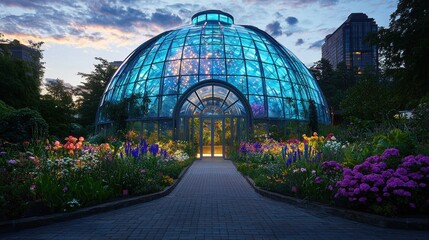 Fototapeta premium Illuminated geodesic dome greenhouse surrounded by vibrant flowers at dusk.