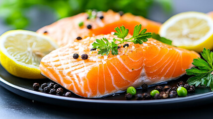 Fresh salmon fillets, lemon, herbs, peppercorns