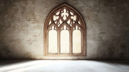 Gothic arched window in a stone wall.
