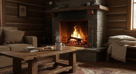 Cozy Cabin Interior with Fireplace Coffee and Rustic Wooden Furniture