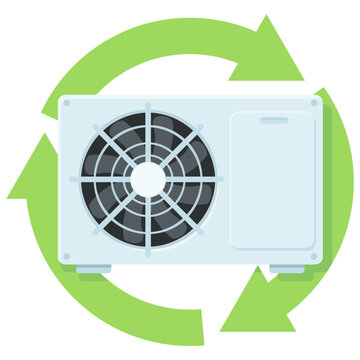 Heat pump/air conditioner with 3 green circular recycling arrows (cut out)