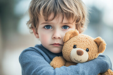 Little boy hugging a teddy bear with a sad expression, symbolizing comfort, innocence, and emotional security.