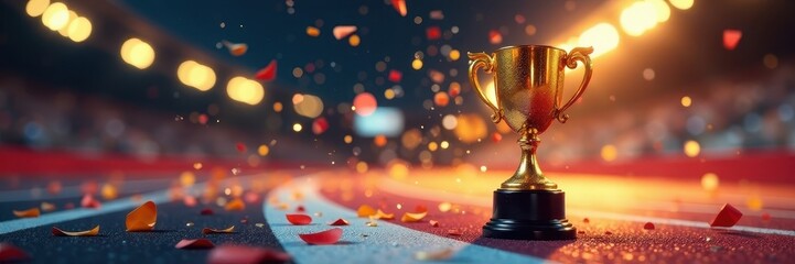 Golden trophy on race track, confetti explosion , success, confetti