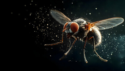 Close-up of a fly with detailed features and vibrant colors, showcasing its delicate wings and intricate body structure.