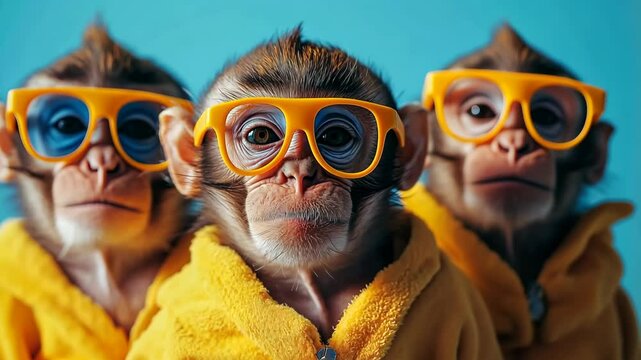 Three monkeys wearing yellow glasses and yellow jackets. The monkeys are looking at the camera. The image has a playful and lighthearted mood