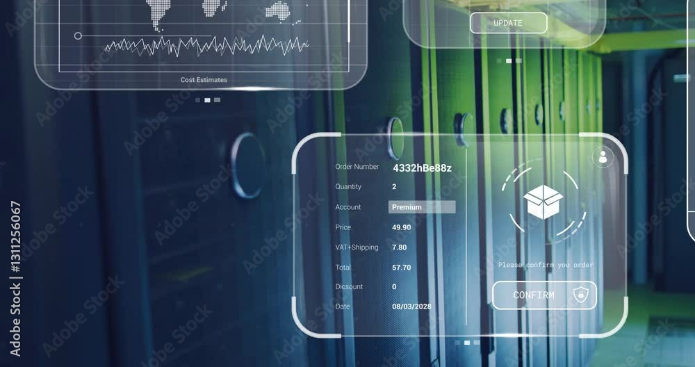 Poster showing animation of order details and bar graph in server room background