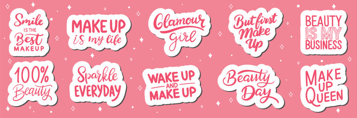Big collection of Fashion make up stickers with text lettering. Hand drawn vector art.