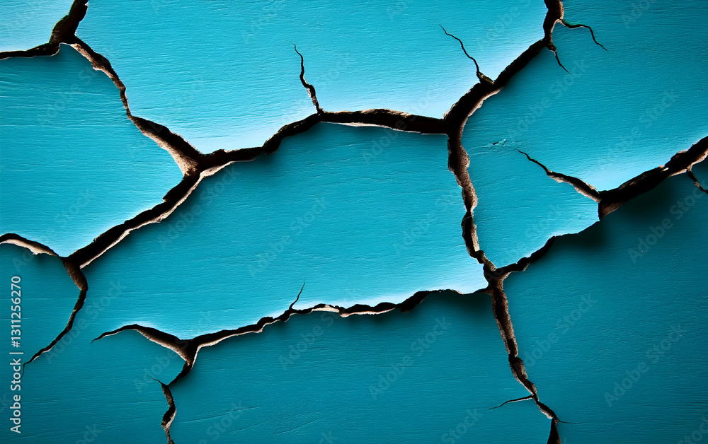 Poster close-up view of cracked blue paint on a surface, showcasing texture and patterns of wear over time.