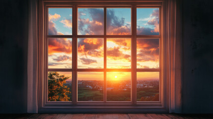 Fototapeta premium Sunset through window view nature landscape scene scenery wallpaper backdrop background