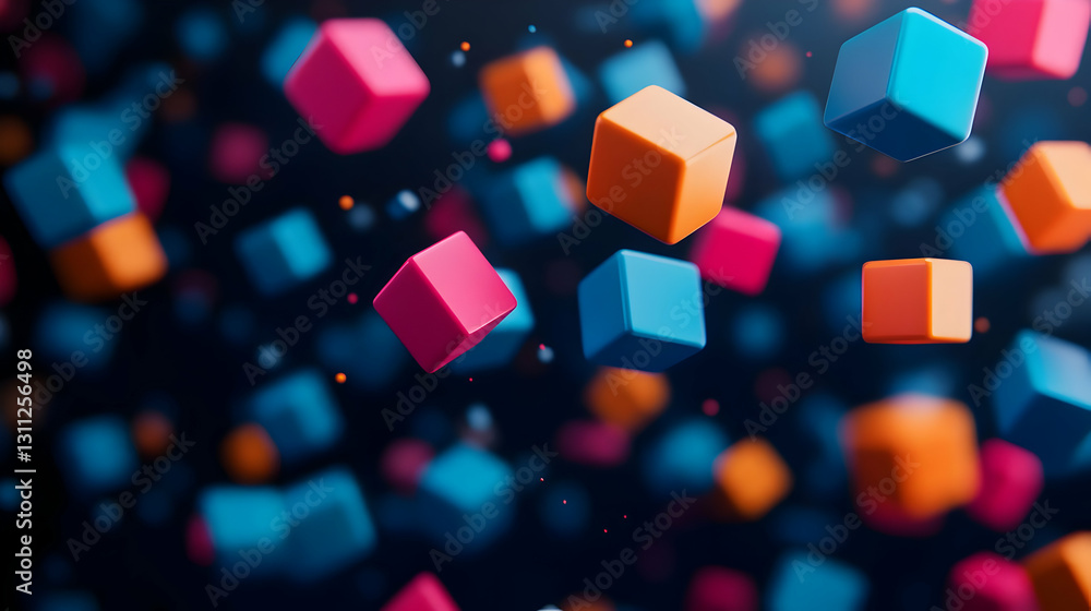Poster colorful cubes floating in a dark space, showcasing vibrant hues and a dynamic sense of movement. pe
