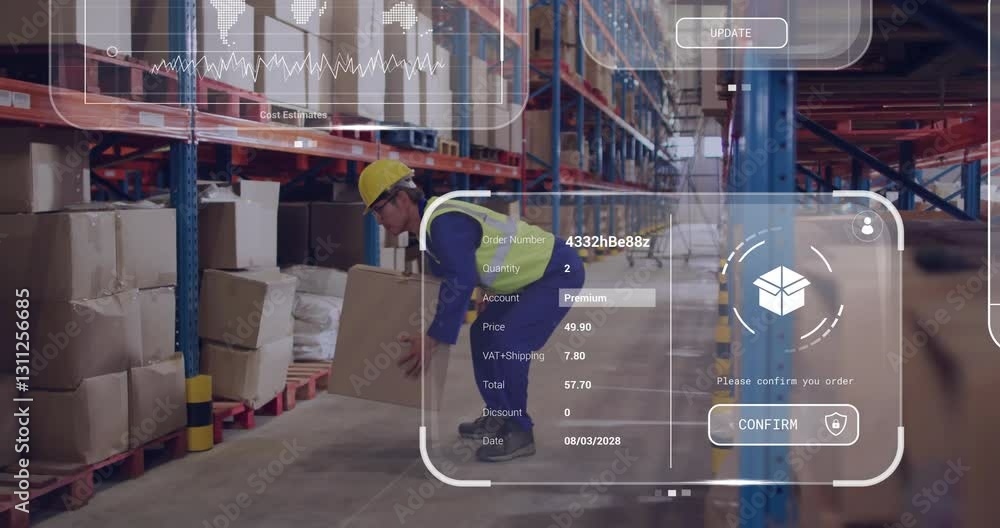 Poster lifting box in warehouse, worker with data processing animation overlay
