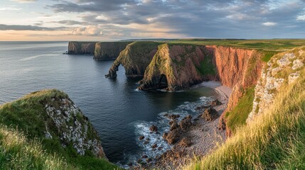 Dramatic coastal sunset over sandstone cliffs, sea arch, and hidden cove.
