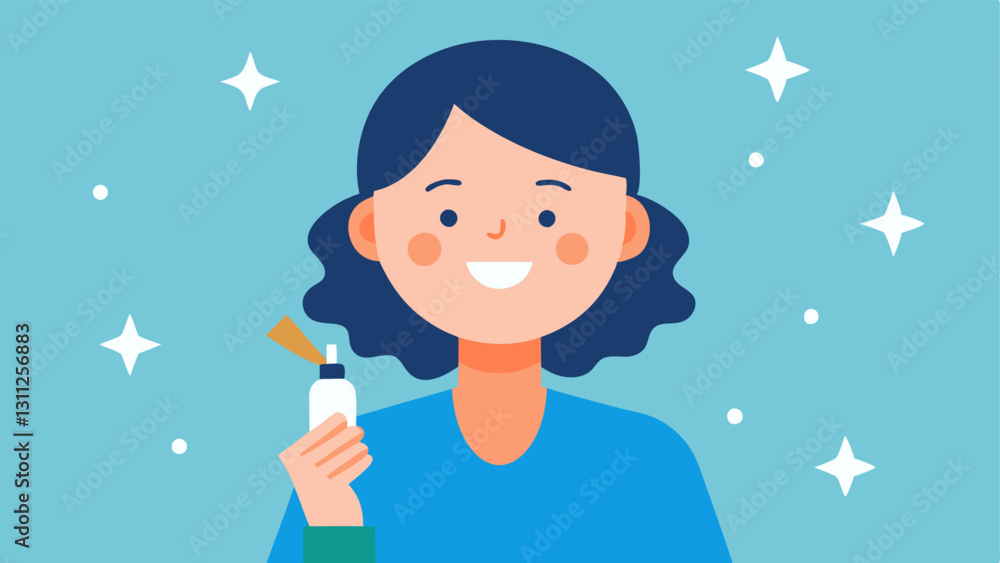 Poster user experience a cheerful person applying a serum with visible sparkles around their face suggestin