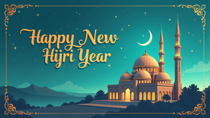 islamic greeting card new hijri year featuring calligraphy mosque vector illustration happy