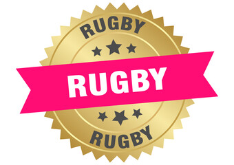 rugby. rugby round pink and gold label isolated on transparent background