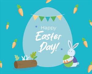 Cute happy easter day greeting card template with blue background for card, poster, email banner, flyer. Modern and simple design