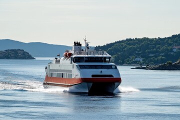 Naklejka premium Ferry navigating calm waters near coastal forest in norway