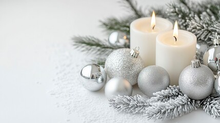 White candles and Christmas decorations on a white background with copy space for text, a New Year decoration banner design. White Christmas candlelight and silver balls in winter, a stock photo with 