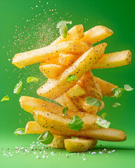 Fries Stack Salt, pepper, and herbs sprinkled on stack on green background