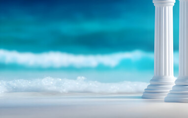 Elegant white columns frame a serene beach scene, evoking tranquility and classic beauty against a backdrop of soft ocean waves.